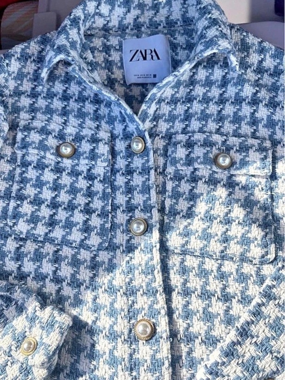 Zara Textured Tweed Pearl Houndstooth Jacket Overshirt Blue & White